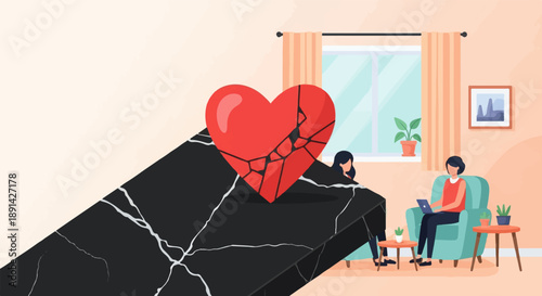 Broken heart on cracked surface with two women, one on laptop