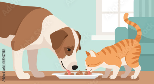 Brown and white dog and orange tabby cat share food from a white plate