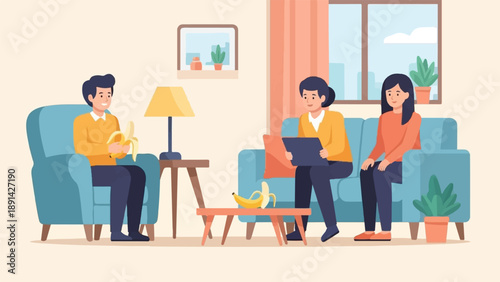 Casual indoor scene with people interacting and enjoying snacks