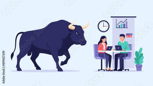 Bull charges towards people working at a table with laptops
