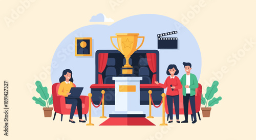 Award ceremony with trophy, red carpet, and guests