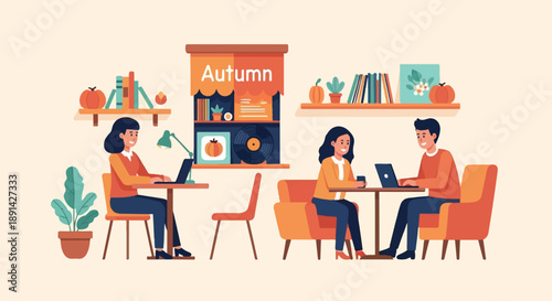 Autumn-themed cafe with people working on laptops and enjoying drinks