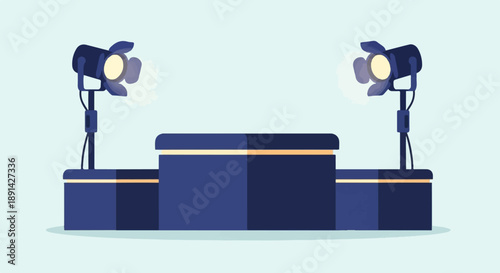 Award podium illuminated by spotlights against a pale blue background