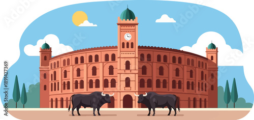 Bulls stand before a grand bullfighting arena on a sunny day