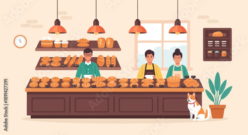 Bakery scene with staff, baked goods, dog, plant, and clock
