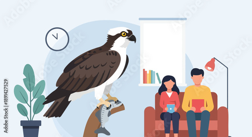 Bird of prey with fish sits by people reading in a room