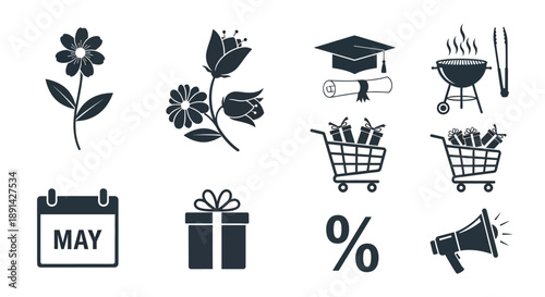 Collection of black icons for various occasions and events