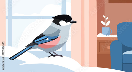 Bird on snowy ledge inside, with interior elements and window