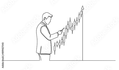 Continuous one line drawing of businessman analyzing stock market candlestick chart