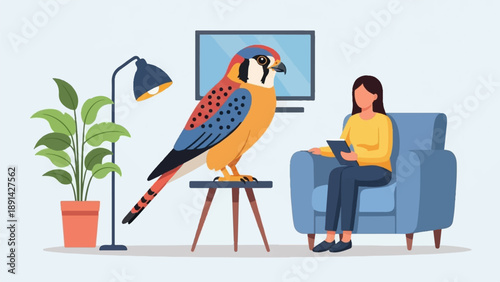 Bird on table, woman on chair in a room with a plant and TV
