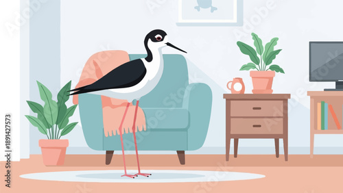 Bird with long legs stands in living room with armchair, plants, and TV