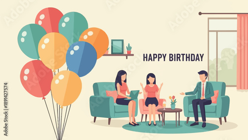 Birthday celebration with balloons, people relaxing in a room, and "Happy Birthday" text