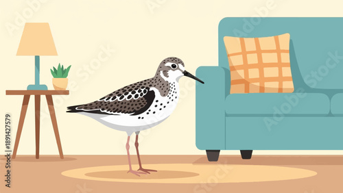 Bird standing indoors on a carpet near a couch and table
