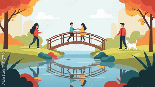 Autumn park scene with people, bridge, dog, and reflections in water