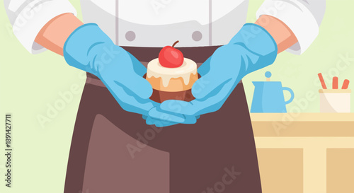 Chef presenting a frosted cupcake topped with a cherry