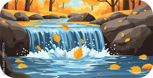 Autumn leaves float down a rocky waterfall into a blue stream