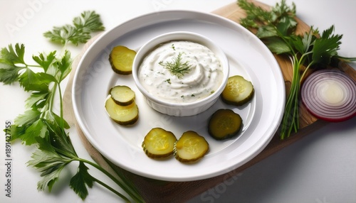 Tartar Sauce Served On A Clean White Plate With Herb And Pickle Flecks Generative Ai