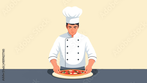 Chef presenting a freshly made pizza
