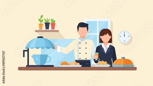 Chef and businesswoman with food and drinks, plants and clock
