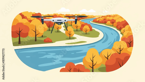 Autumn landscape with a drone flying over a winding river and colorful trees
