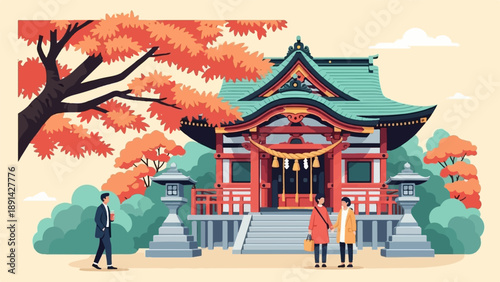 Autumn foliage frames a traditional Japanese shrine with people visiting