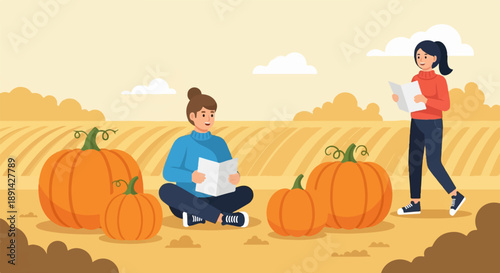 Autumn field with pumpkins and people reading