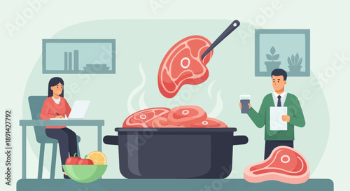 Chef adding steak to pot, while colleague works and watches