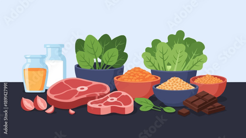 Assortment of raw meat, leafy greens, grains, juices, and chocolate