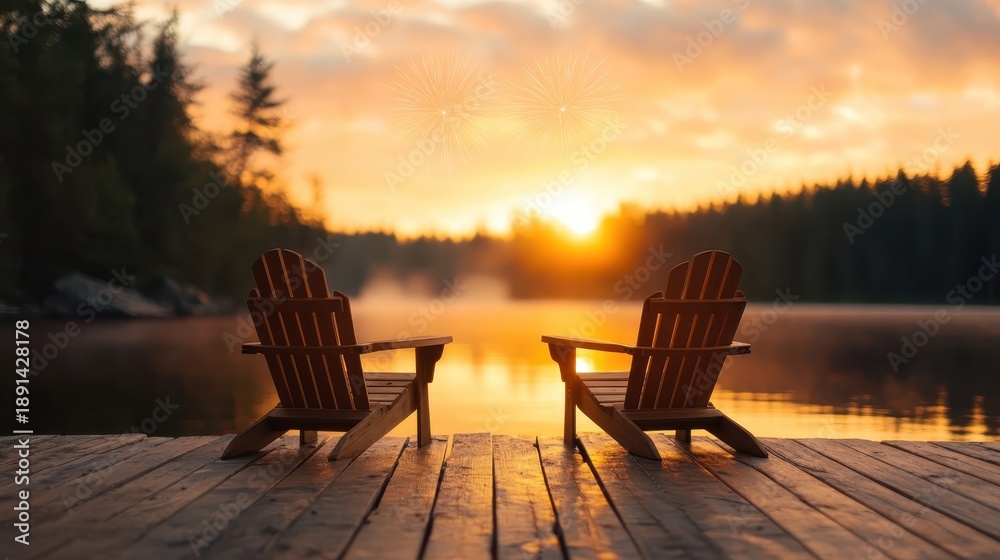 Obraz premium Two inviting chairs sit on a serene lake dock as the sun sets, radiating warm hues and creating a peaceful retreat, perfect for relaxation and reflection.