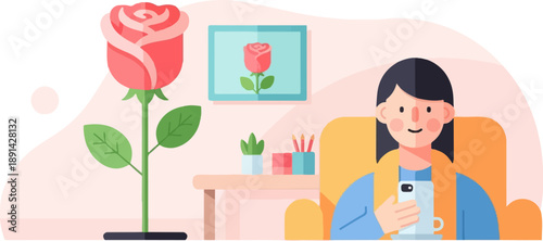 Cheerful person relaxing indoors with a large rose and a framed flower picture