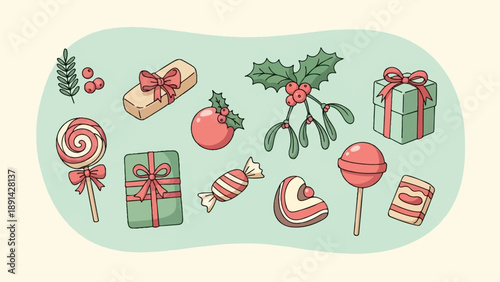 Assortment of festive holiday treats and gifts with a whimsical hand-drawn style