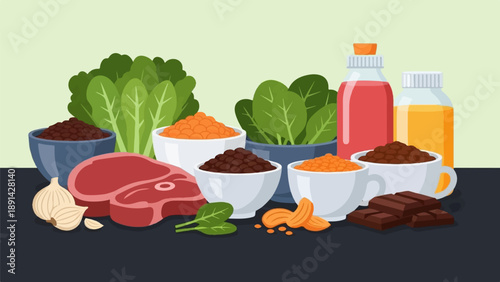 Assortment of foods, raw meat, leafy greens, lentils, beans, nuts, chocolate