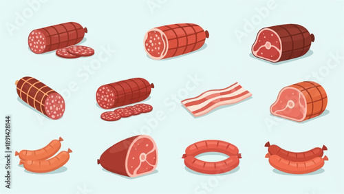 Assortment of cured meats and sausages, including salamis, bacon, ham, and frankfurters