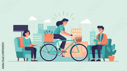 Cheerful people in city with bicycle and urban backdrop