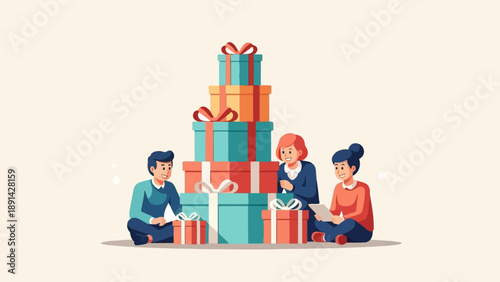 Cheerful people gather around a stack of colorful gift boxes