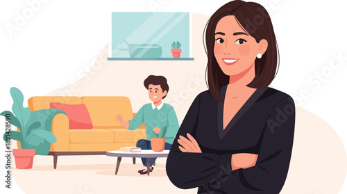 Confident woman in black blazer with arms crossed, office