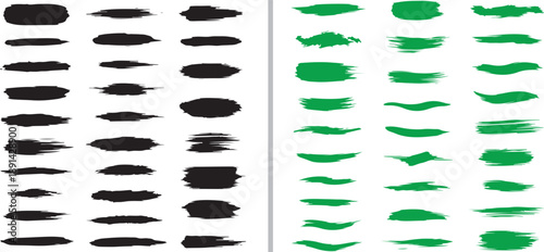 A collection of dynamic black and green vector brush strokes featuring varied horizontal smears and textured paint effects, ideal for expressive artistic accents and digital design elements.