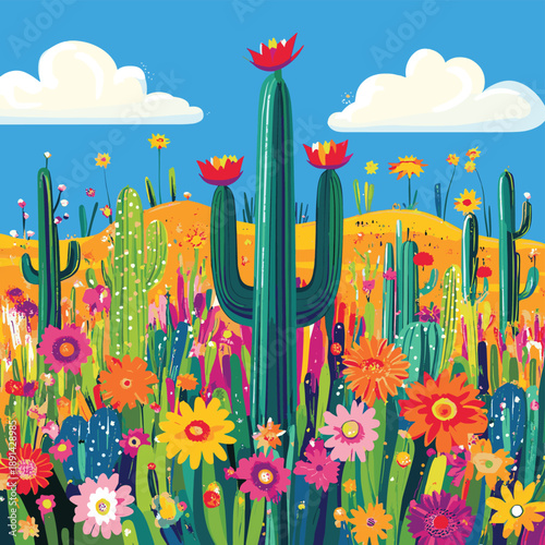 Colorful Cactus Landscape with Vibrant Flowers , vector style simple color
