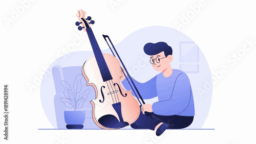 Cheerful man with glasses playing violin indoors