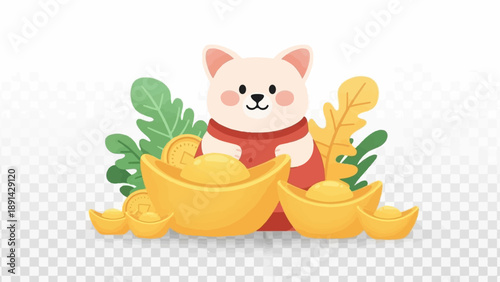 Cheerful dog in red outfit surrounded by gold ingots and greenery
