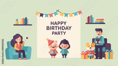 Cheerful cartoon characters celebrate a happy birthday party with gifts
