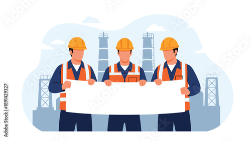 Group of construction workers wearing safety vests and hard hats holding a large blank white paper blueprint in an industrial setting.
