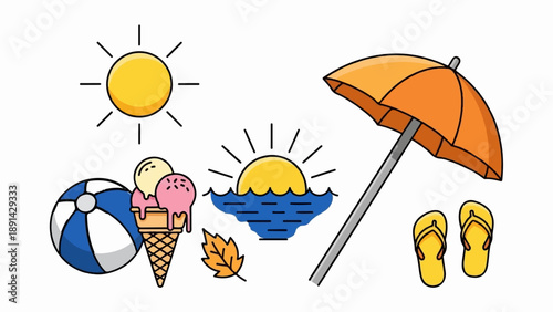 Cheerful cartoon beach scene with sun, ice cream, ball, umbrella, and flip-flops