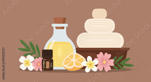 Aromatherapy massage setup with oil, towels, and flowers on brown background