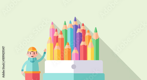 Cheerful boy waves near a box overflowing with colorful pencils