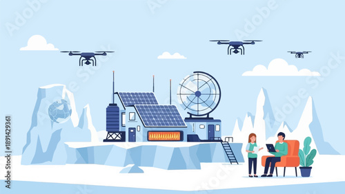 Arctic research station with drones, scientists, and globe imagery