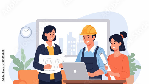 Architects discuss plans around a laptop with a city skyline in background