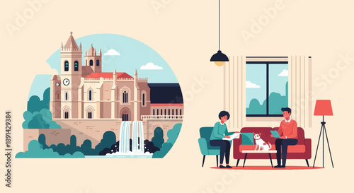 Architectural wonder meets cozy domestic scene with a small dog