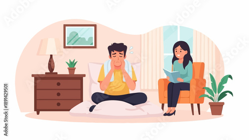 Anxious man sits on bed while woman reads in armchair