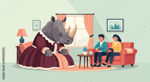 Anthropomorphic rhinoceros in dress sits with couple on couch in room